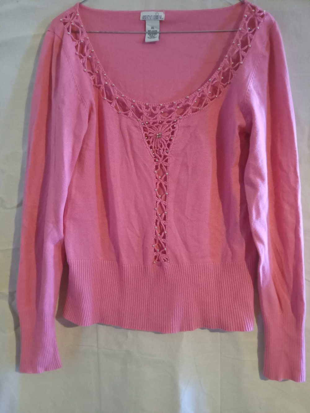 Pink Scoop Neck Crochet-Trim Sweater